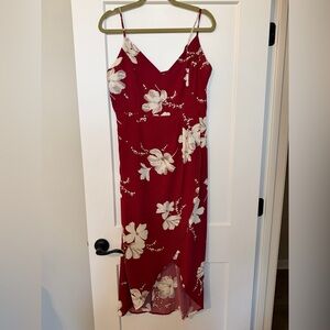 Sleeveless Red Floral Midi Dress with V-Neck-size Large